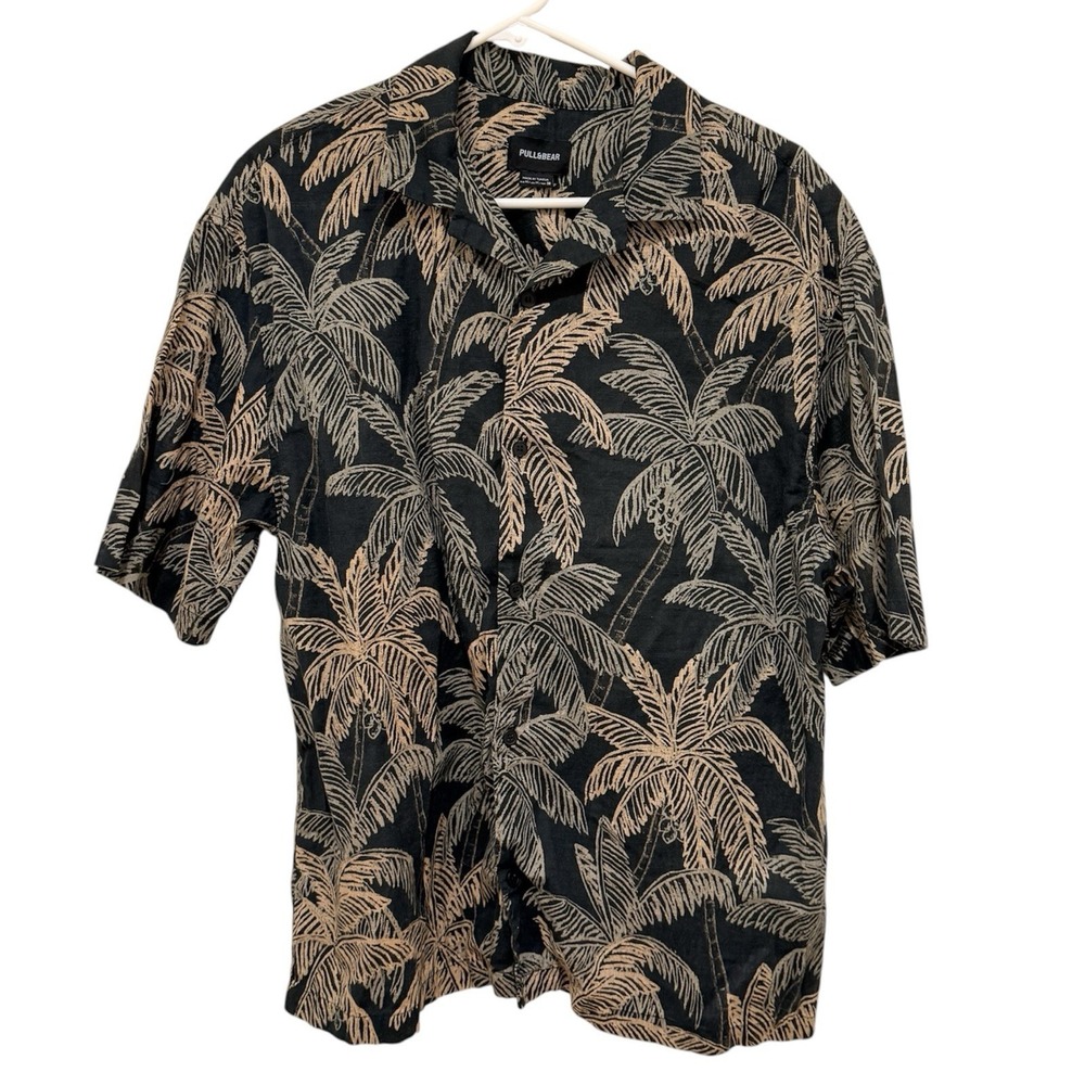 Pull And Bear Men's‎ Hawaiian Batik Effect Palm Black Khaki 100% Cotton M